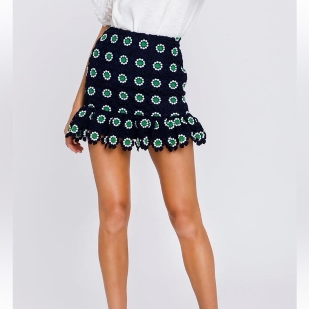 English Factory Navy Blue Crochet Mini Skirt Green & White Floral Small NWT